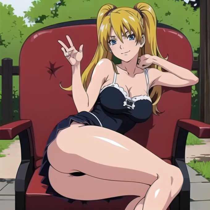 High school anime girl sitting on an armchair bench holding her breasts with a mischievous smile