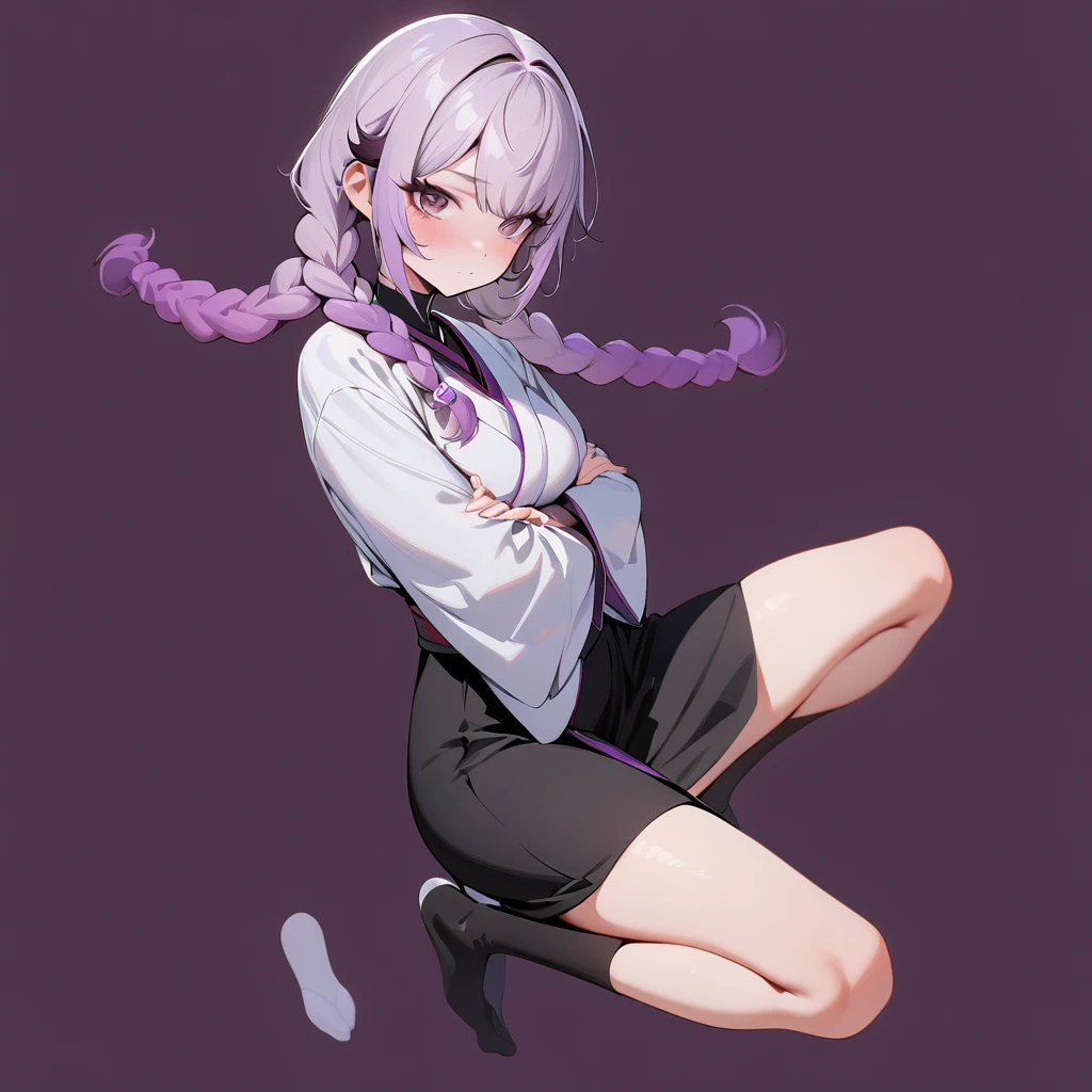 (masterpiece, best quality:1.2), 1girl, solo, white-purple gradient hair tips, purple hair, twin braids, fullbody, wearing white kimono top, long black skirt, tabi socks, dark maroon eyes, solid background