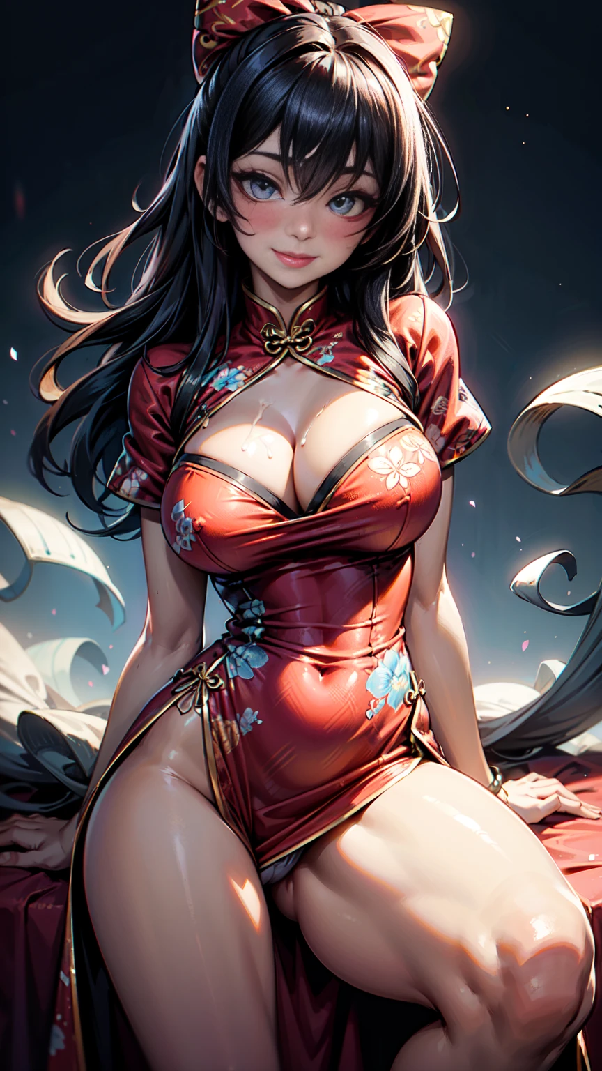 1girl, solo, 19years old, (huge breasts), ((cleavage)),
(blush:0.8), ((shy face)), happy, smile, cum, laughing,
(Depict from HIP to head) ,
Black Hair, Straight Hair, medium Long Hair, bangs, Hair between the eyes, Reduce hair volume,
Sparkling blue eyes, eyelashes, looking at viewer,
Close-fitting clothing, Wearing China dress, Side slits, (knee length China dress), Floral prints, (white g-string panty), Separate panties and clothes, ((let the hem of the dress to the side)), The front and back of the skirt are the same length,
A skirt that doesn't cling to the body, The front and back of the skirt are connected on one side. A woman has two legs.., Two arms, Five fingers, Two joints in the fingers, barefoot, Perfect leg length
Spread her legs very wide, (touch her hip)
(Bare her chest), (Bow-legged), (Mucus on thighs)