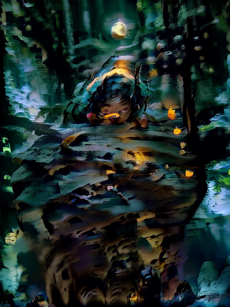 Starry night with a forest and you can see the moon and a shooting star, that transmits serenity and nostalgia