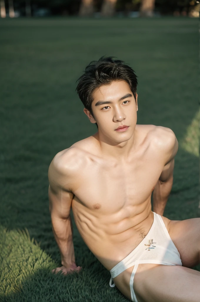 Asian muscular young boy sitting on grass, y, Dark eyebrows, topless, abs, wearing white thong high cut underwaer, white high cut Jockstrap, muscular young male, mid shot portrait, high quality portrait, Attractive pose, cute young man, gorgeous young model, portrait a 25 - year - old boy, casual photography, Realistic. Cheng Yi, cute young man, ((wearing micro string thong))