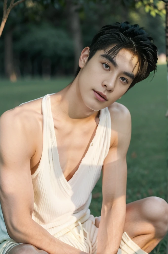 Asian muscular young boy sitting on grass, sexy, Dark eyebrows, topless, abs, wearing white thong high cut underwaer, white high cut Jockstrap, muscular young male, mid shot portrait, high quality portrait, Attractive pose, cute young man, gorgeous young model, portrait a 25 - year - old boy, casual photography, Realistic. Cheng Yi, cute young man, ((wearing micro string thong))