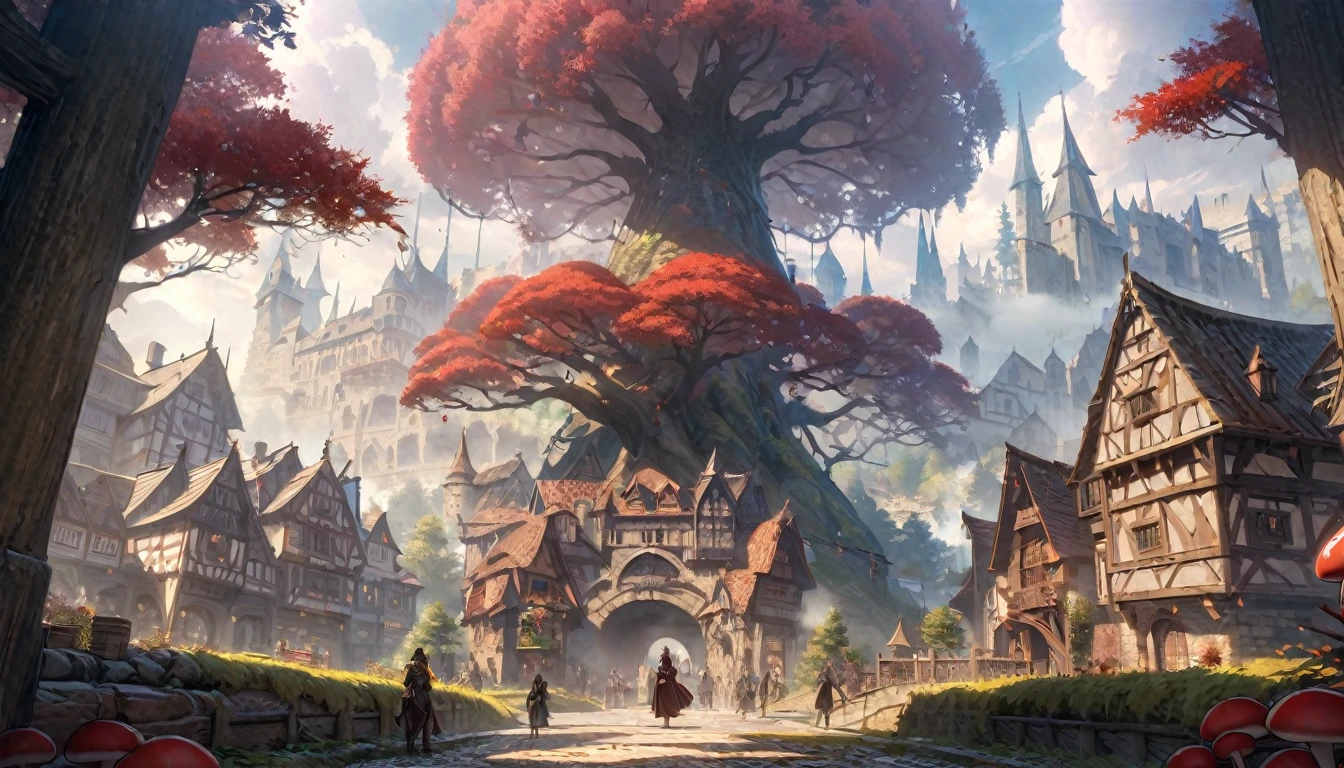  anime aestetics, anime scenery, halig tree, view from gigantic tree, dark red leaves, view from the huge branch, red mashrooms, foggy weather, daytime, eldenring, dark fantasy, buildings on the tree, fantasy buildings, medieval architecture, the ancient tree, wide shot, atmospheric perspective, perspective, 4K, 8k, highres, best quality, award winning, super detail, masterpiece