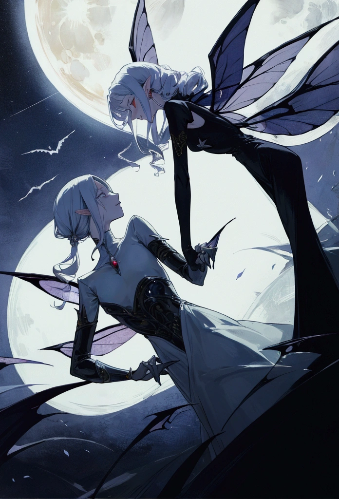 man vampire and woman fairy with fairy wings holding hands, moon in backround