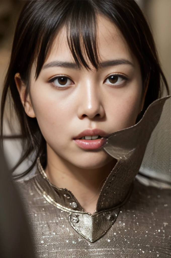 (masterpiece, Highest quality:1.2), (8K Ultra HD, 16K, 32k, Ultra-high resolution), (Realistic:1.37), (RAW Photos), Ultimately realistic, Ultimately realistic details, Ultimately realistic texture, Ultimate in exquisite detail, Ultimately realistic lighting, Ultimately realistic shadow, Japanese Girls, Extremely cute face, Ultimate RAW Skin, Ultimately realistic eyes, whole body, Wide Shot, devil, Heavy Armor, club, Brown Skin, tooth, Inside the cave