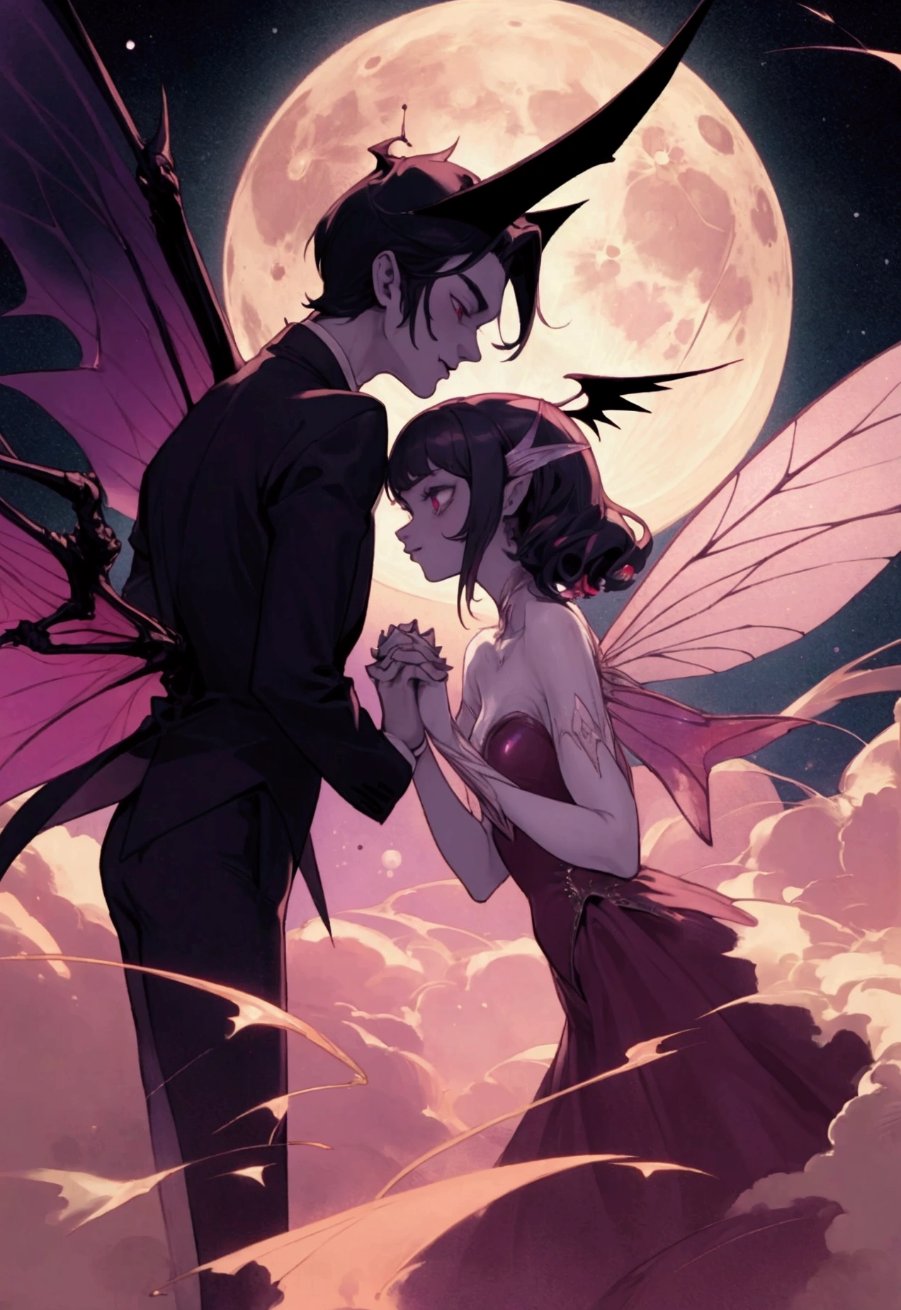 man vampire and woman fairy with fairy wings holding hands, moon in backround