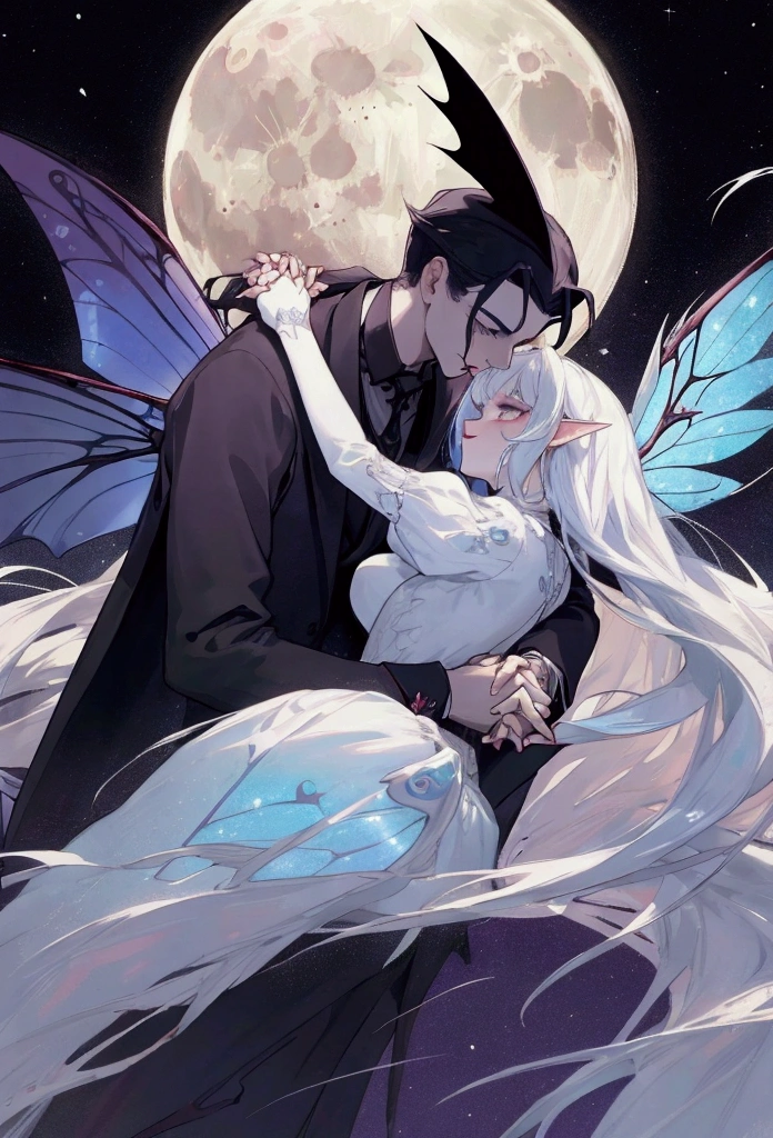man vampire and woman fairy with fairy wings holding hands, moon in backround