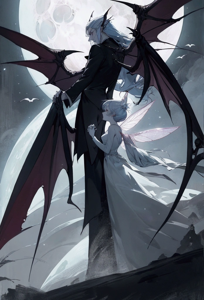 man vampire and woman fairy with fairy wings holding hands, moon in backround