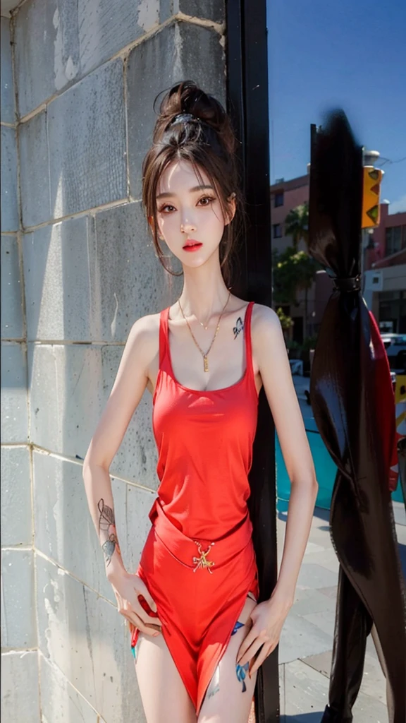 photorealistic, high resolution, soft light,1women, solo, hips up, (detailed face), colorful street wear, tattoo, jewelry, tattoos