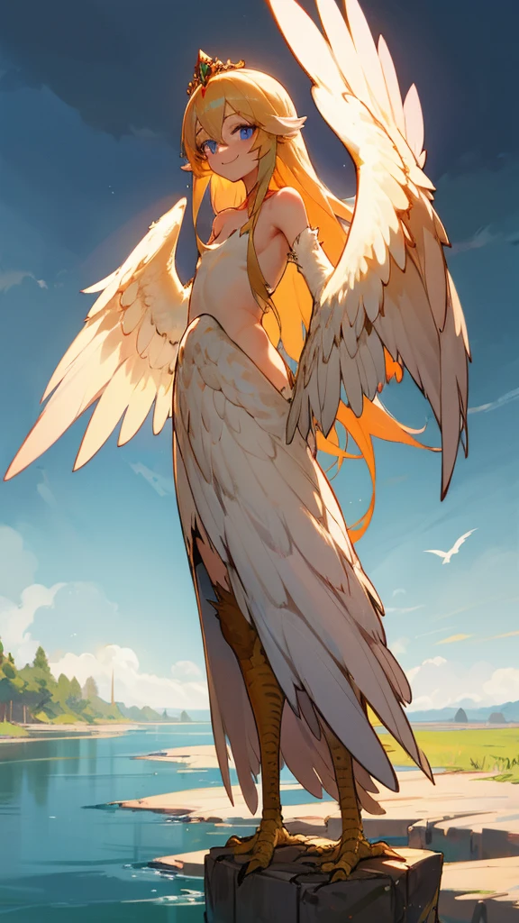 1 girl,alone,Harpyie, standing,blond hair,weave, blue eyes, Long hair,red feathers,Wing arms,bird legs, naked, wash,tiara, sexly, smiling, river
