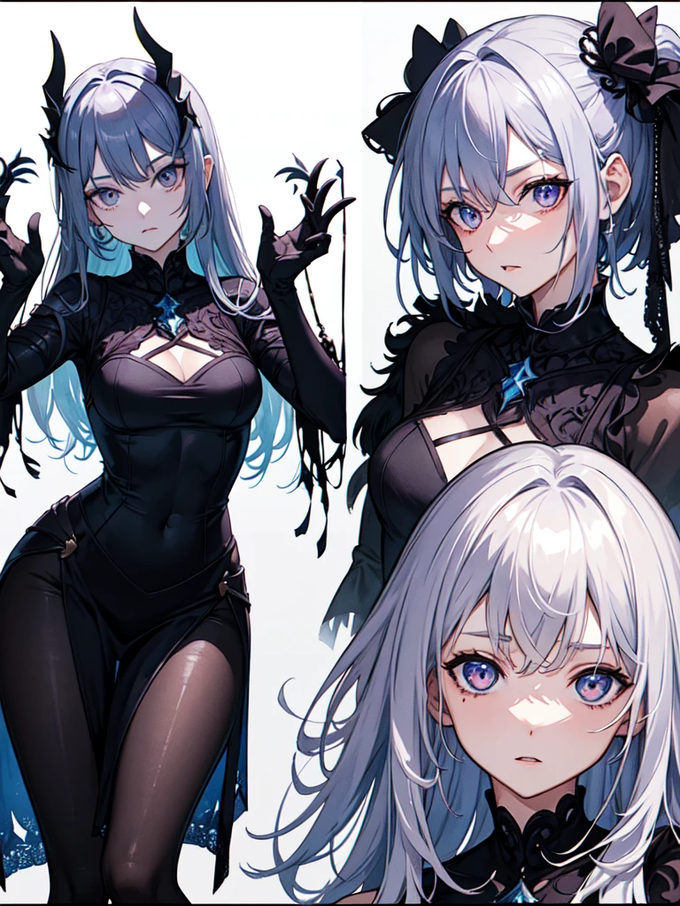 sketch (Character design sheet, same characters, whole body, Three-View, front, ~ ~ ~ ~ side, return),(Very bright:1.1), White Background, [1 Girl:7], (Tilt your head:1.2), ([sketch|watercolor \(Moderate\)]:1.15),Chaotic Abstractionな背景, Vector Trace, グラデーションブレンディング and whole body, Artistic elements add depth to the work. The overall atmosphere is creepy and nightmarish...., With a unique artistic touch. This movie is、The dark and crazy world of horror movies depicted in HD., Evoke visual stimuli and aesthetic sense, that will terrify and excite the audience....,watercolor画, （Lightless, Eyes without highlights, evil eye, An ugly person with white eyes, that&#39;Red eyeliner）,whole body絵, Wearing a maid outfit （Gradient braided hair, (Light purple hair), (Ink blotches:1.1), (pale:1.2),(Light purple:1.2),(Light green:1.2)　Adult features,expensive, Wearing black tights,Green Eyes, The skin is hidden　and maid, The background is a dark and desolate landscape, Horror movie atmosphere. Her figure is very beautiful, Emphasizing the dark and crazy elements. Skillfully expressing the effects of light and shadow, detailed, The face and expression of the black costume are also carefully drawn....,sketch (Character design sheet, same characters, whole body, Three-View, front, ~ ~ ~ ~ side, return) 1 female, Nervous,Cowboy Shot,,(Very bright:1.1), White Background, [1 Girl:7], (Tilt your head:1.2), ([sketch|watercolor \(Moderate\)]:1.15),Chaotic Abstraction