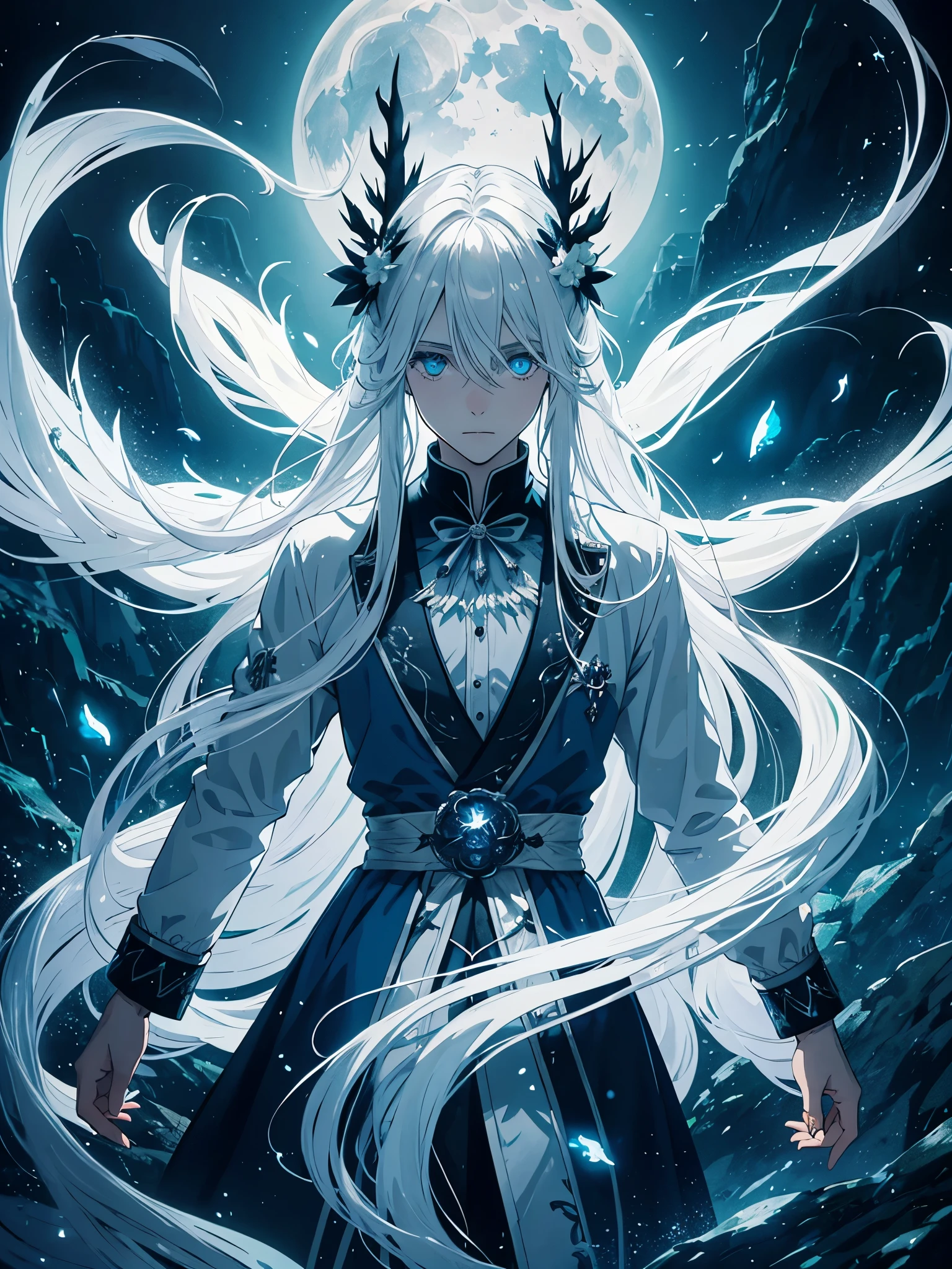 Männlicher. Mehr anime. White crows. Ghosts. lights. magical. Power animals. Spirit. King of the moon. Long hair. long white hair. aquatic, boy, silver hair accessories, White hair, blue flowers. Blue lights.