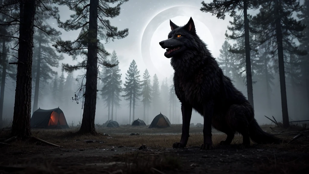 A werewolf standing on its hind legs in the center of an abandoned camp, howling at the full moon in the night sky. The werewolf's mouth is open in a ferocious roar, revealing its sharp fangs and its eyes glow with a malevolent red light. The light of the full moon creates long, contrasting shadows across the camp, while dense fog rolls in from the dark, gnarled trees. The empty tents have their doors open, as if their occupants had fled in terror, with Atmosphere: Dark, terrifying, mysterious, suspenseful and use Emotion: Fear, suspense, curiosity
