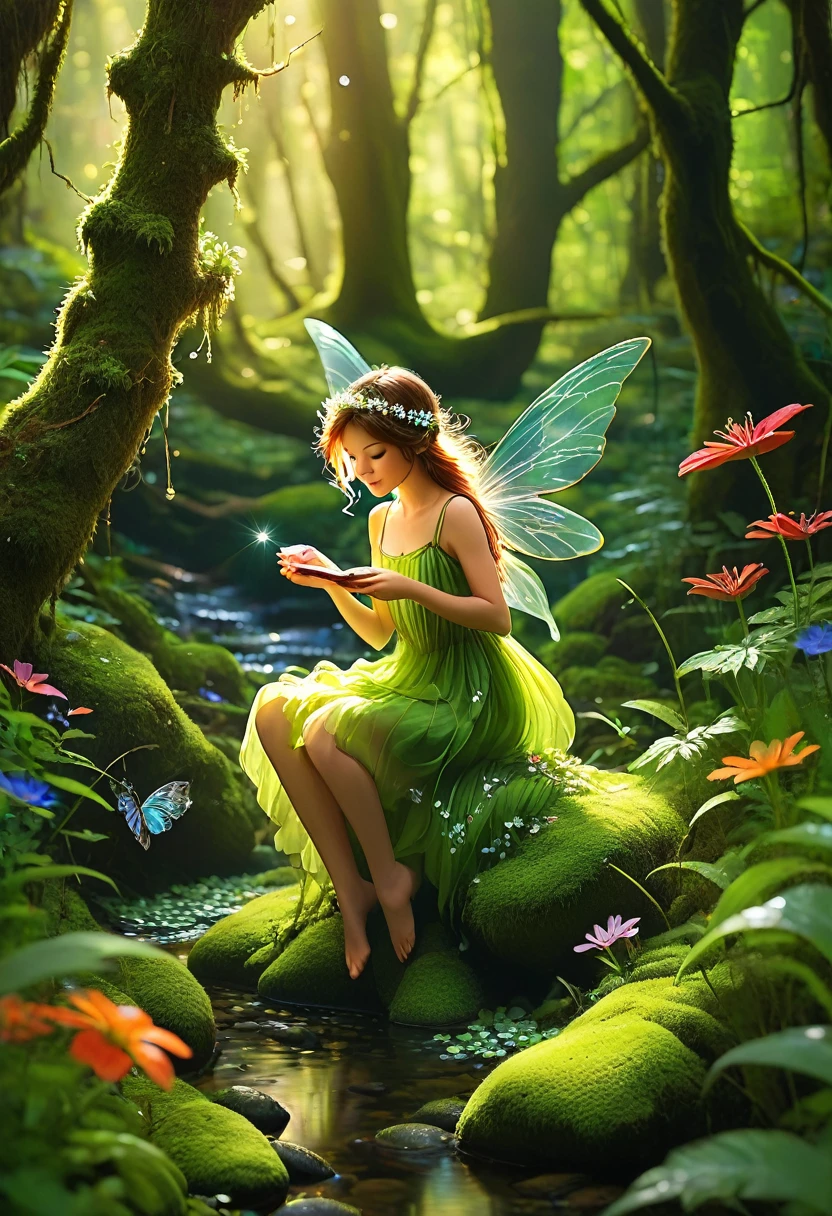 "Deep within an ancient, lush green forest, where sunlight gently filters through the dense canopy, small, sparkling fairies with delicate wings are seen dancing gracefully among the trees. Moss-covered stones and vibrant wildflowers pepper the forest floor, while a gentle stream meanders through, its soothing sound adding to the enchanting atmosphere. The air is filled with a sense of calm and magic, as if time itself has slowed down to bask in the serene beauty of this hidden world."