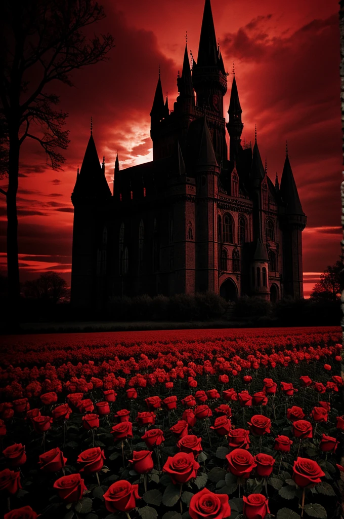 Gothic castle dark, red roses and blood