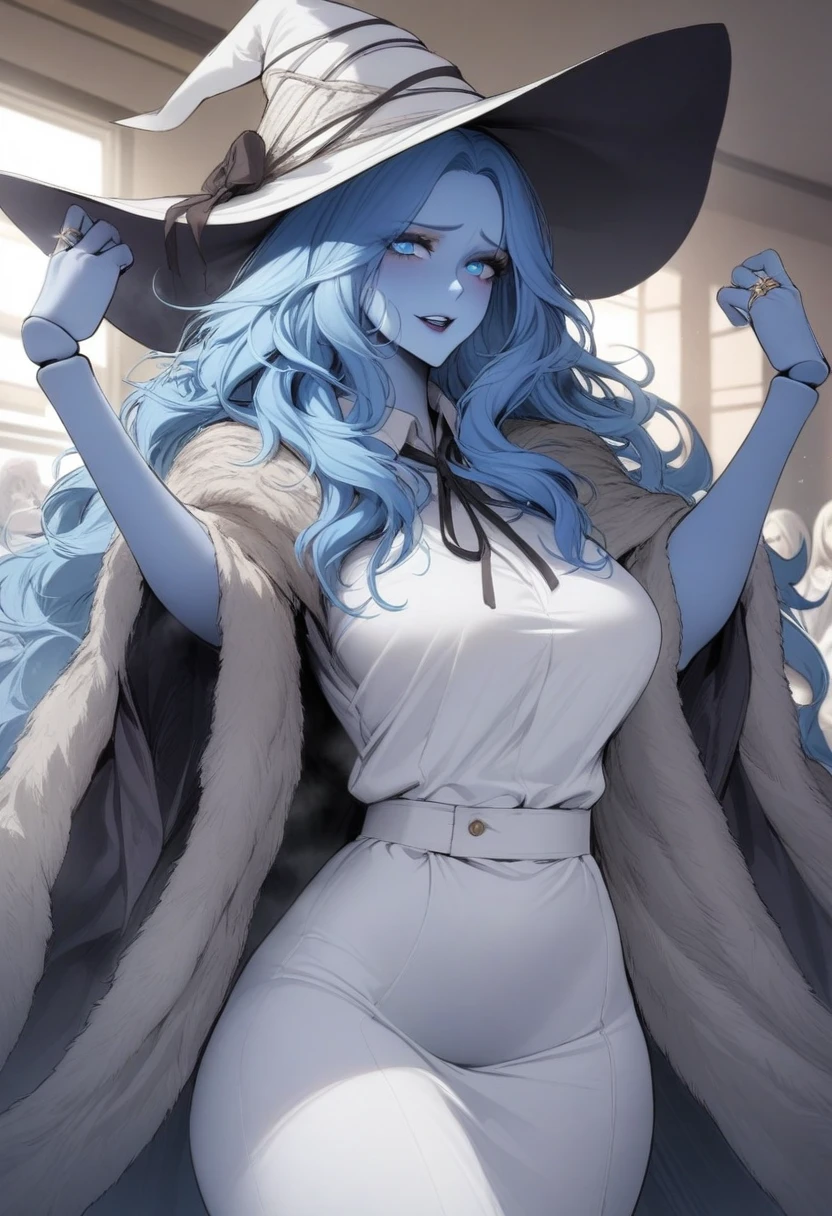 masterpiece, best quality, very aesthetic, absurdres, 1girl, mature_lady, suck own ,,ranni_the_witch, elden_ring, blue_eyes, blue_hair, blue_skin, colored_skin, (4arms:1.2), doll_joints, medium_hair, wavy_hair, white_hat, witch_hat, white_nails, fur_cloak, grey_cloak, robe, white_robe, wide_sleeves, neck_ribbon, ribbon, jewelry, ring,in school, in college,floating_clothes