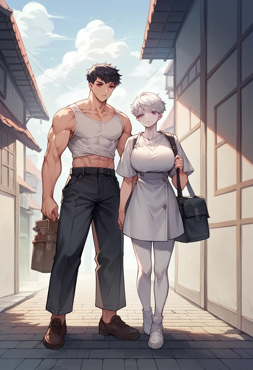 1 girl, short, pixie cut, white hair, white eyelashes, purple eyes, Japanese, white skin, large breast, full body, against, 1 boy, long black hair, tall, red eyes, muscular,