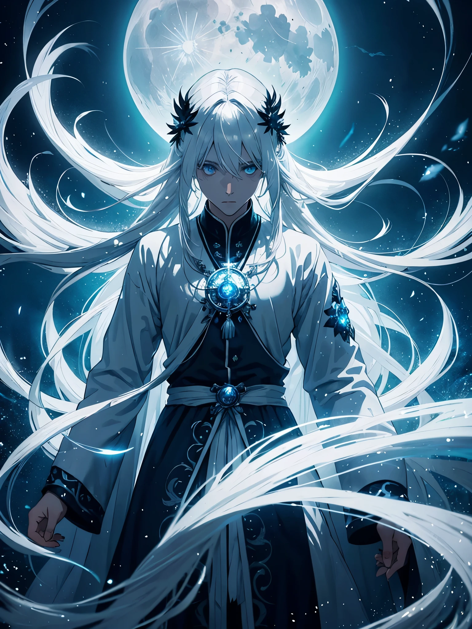Mehr anime. White crows. Ghosts. lights. magical. Power animals. Spirit. King of the moon. Long hair. long white hair. aquatic, boy, silver hair accessories, White hair, blue flowers. Blue lights.