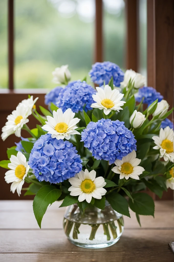 masterpies, high resolution, 8k, portrait, flowers in a blue glass vase on a wooden table, plastered walls, natural light, diffused light, sunlight shining diagonally, Nikon D6, Nikon AF-S NIKKOR 105mm f/1.4E ED NIKKOR, F5.6, shutter speed 1/500, ISO 100, focus on flowers, depth of field, bokeh
