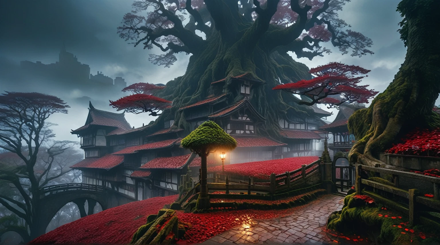  anime aestetics, anime scenery, halig tree, view from gigantic tree, dark red leaves, view from the huge branch, red mashrooms, foggy weather, daytime, eldenring, dark fantasy, buildings on the tree, fantasy buildings, medieval architecture, the ancient tree, wide shot, atmospheric perspective, perspective, 4K, 8k, highres, best quality, award winning, super detail, masterpiece
