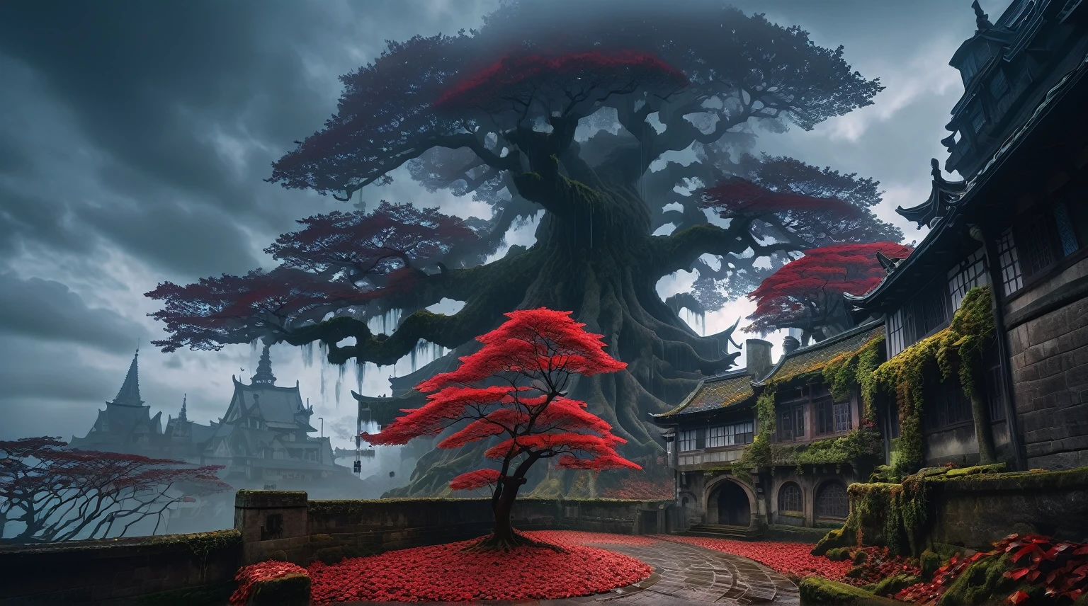 anime aestetics, anime scenery, halig tree, view from gigantic tree, dark red leaves, view from the huge branch, red mashrooms, foggy weather, daytime, eldenring, dark fantasy, buildings on the tree, fantasy buildings, medieval architecture, the ancient tree, wide shot, atmospheric perspective, perspective, 4K, 8k, highres, best quality, award winning, super detail, masterpiece
