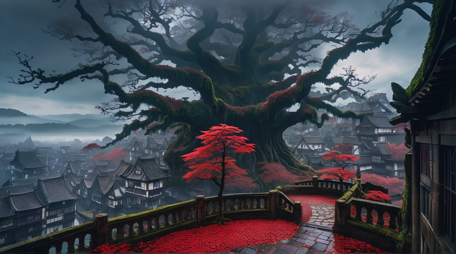 anime aestetics, anime scenery, halig tree, view from gigantic tree, dark red leaves, view from the huge branch, red mashrooms, foggy weather, daytime, eldenring, dark fantasy, buildings on the tree, fantasy buildings, medieval architecture, the ancient tree, wide shot, atmospheric perspective, perspective, 4K, 8k, highres, best quality, award winning, super detail, masterpiece