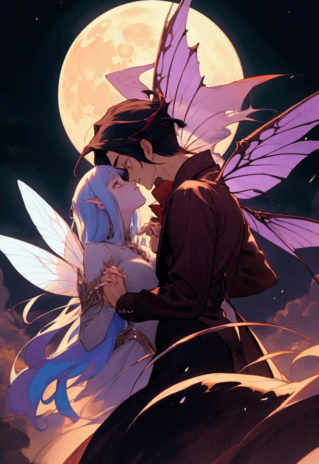 man vampire and woman fairy with fairy wings holding hands, moon in backround