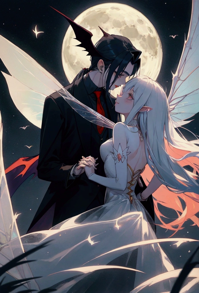 man vampire and woman fairy with fairy wings holding hands, moon in backround