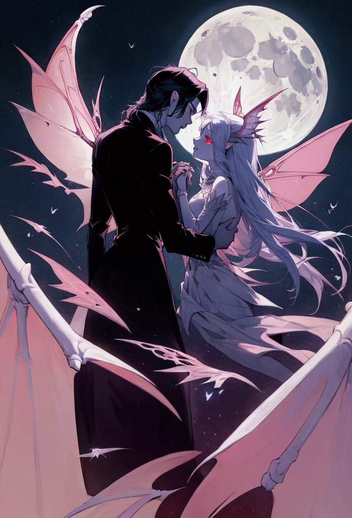 man vampire and woman fairy with fairy wings holding hands, moon in backround