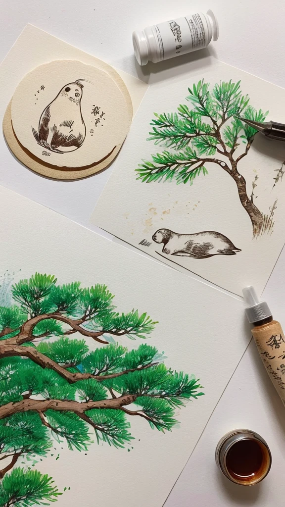 Illustrated seal、Loose、Soothing、Ink painting、hot spring、pine tree、simple、Beautiful shades、It's a nice hot water.