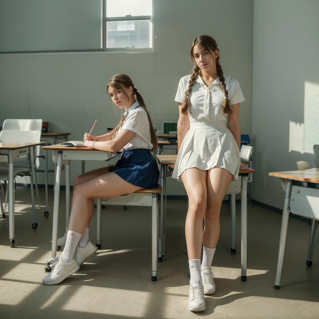 Raw photo , 1 girl  ,Wearing white frock and color tie, white shoes, legs with white shoes and white socks must be showing fully, (( girl studying on on in the classroom)), with plait, biggest breasts size , professional photographer, (hdr:1.4), masterpiece, ultra-realistic 8k, perfect artwork, intrincate details, cute face, award winning photograph, (Best quality, 8k, 32k, Masterpiece, UHD:1.3) ,