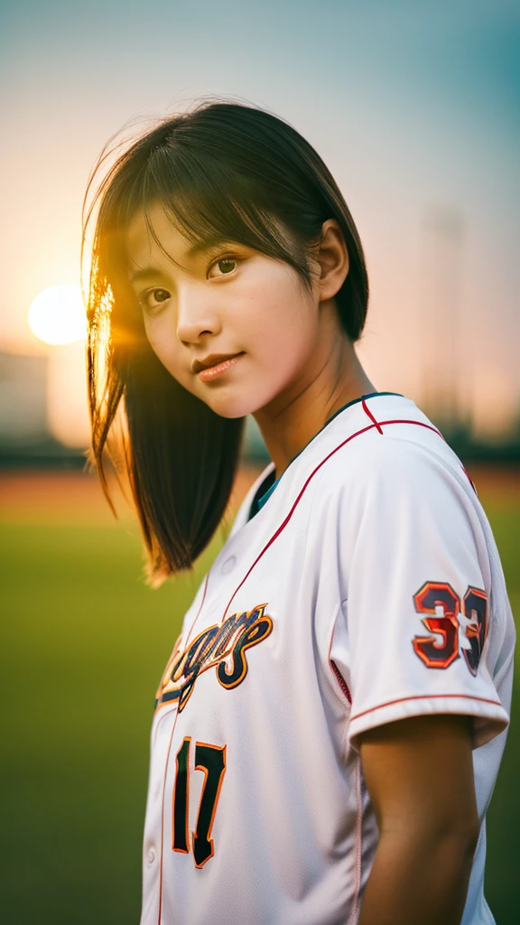 a woman baseball player,pitcher,photo realistic,she is pitching,front view,dogers,glowing skin, Sony α7, 35mm Lens, f1.8, film grain, golden hour, soft lighting