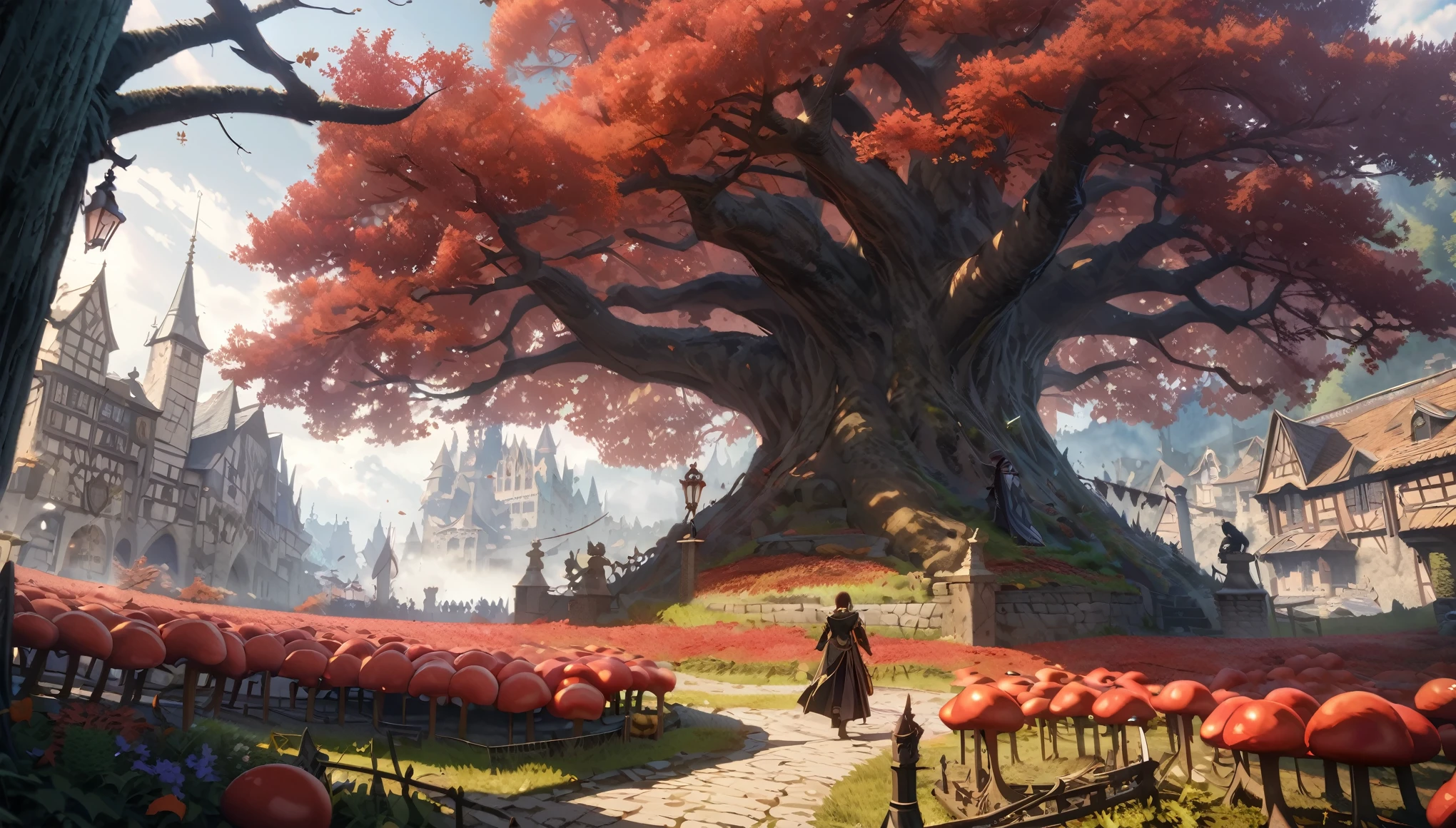  anime aestetics, anime scenery, halig tree, view from gigantic tree, dark red leaves, view from the huge branch, red mashrooms, foggy weather, daytime, eldenring, dark fantasy, buildings on the tree, fantasy buildings, medieval architecture, the ancient tree, wide shot, atmospheric perspective, perspective, 4K, 8k, highres, best quality, award winning, super detail, masterpiece