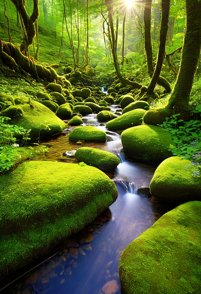 "Deep within an ancient, lush green forest, where sunlight gently filters through the dense canopy, small, sparkling fairies with delicate wings are seen dancing gracefully among the trees. Moss-covered stones and vibrant wildflowers pepper the forest floor, while a gentle stream meanders through, its soothing sound adding to the enchanting atmosphere. The air is filled with a sense of calm and magic, as if time itself has slowed down to bask in the serene beauty of this hidden world."