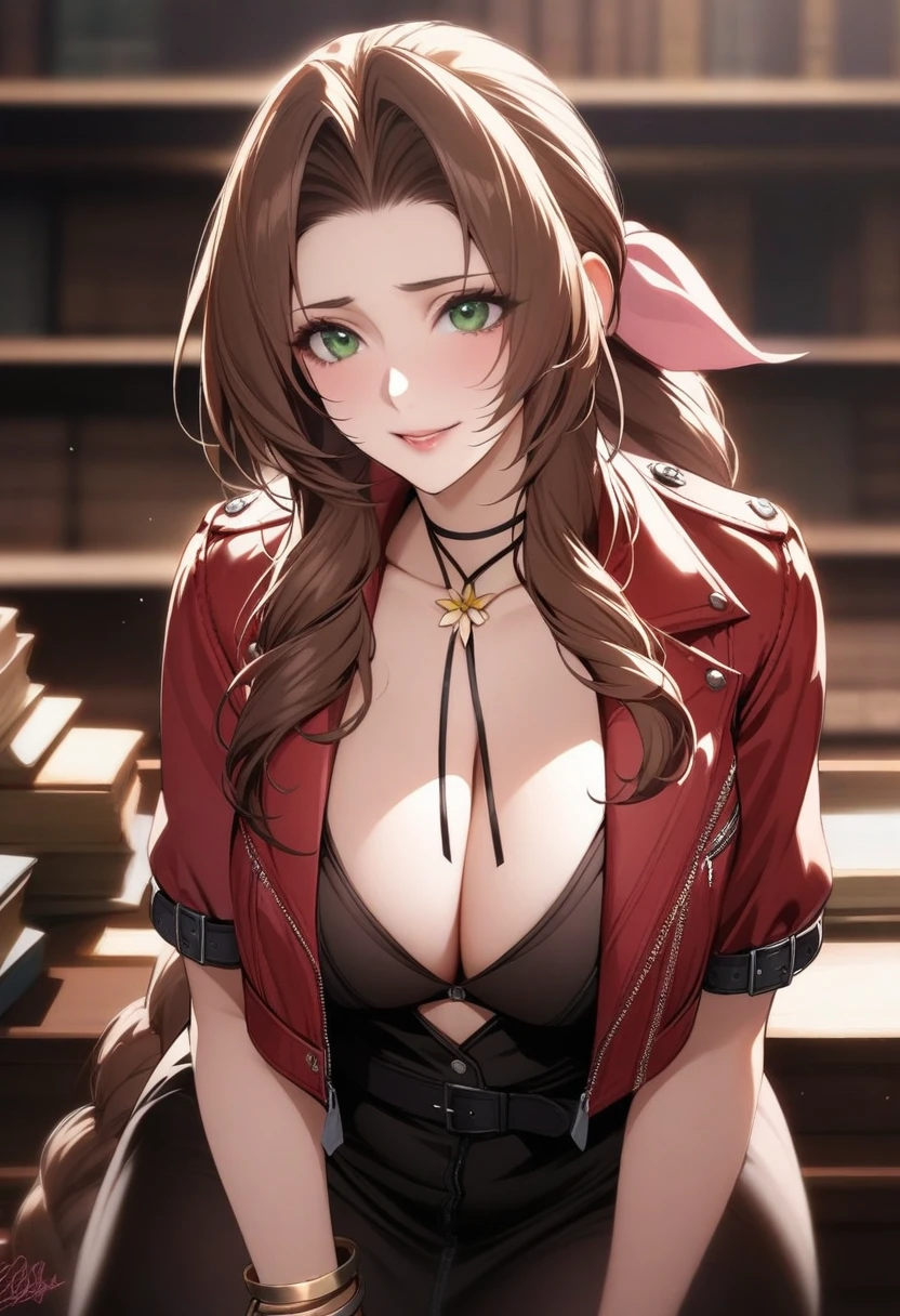masterpiece, best quality, very aesthetic, absurdres, 1girl, mature_lady, suck own ,,aerith_gainsborough, final_fantasy, final_fantasy_vii, final_fantasy_vii_rebirth, final_fantasy_vii_remake, 1girl, green_eyes, hair_ribbon, brown_hair, long_hair, braid, braided_ponytail, bangle, bracelet, breasts, choker, cleavage, cropped_jacket, flower_choker, jacket, jewelry, long_dress,in a library,blur background,background defocus