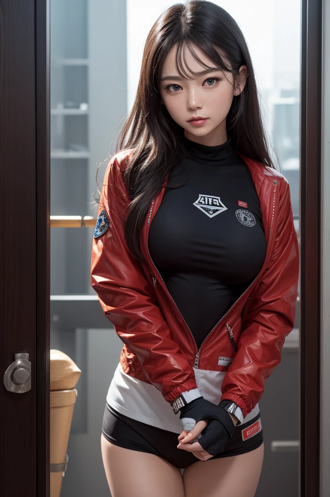 8K, best qualityer, work of art:1.2), ultra detali, work of art, realistic lighting,work of art, best qualityer, work of art, offcial art,Extremely detailed CG 8k unity wallpaper,beautiful detailed eyes, light on the face, 1 girl, 明日香,trunk, breastsout, pilot_suit, plow splash, rot_jaket, windbreaker, mitts, dressing, body hair_ornament, clamp,