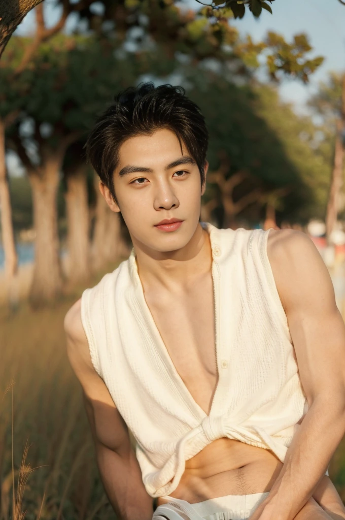 Asian muscular young boy sitting on grass, sexy, Dark eyebrows, topless, abs, wearing white thong high cut underwaer, white high cut Jockstrap, muscular young male, mid shot portrait, high quality portrait, Attractive pose, cute young man, gorgeous young model, portrait a 25 - year - old boy, casual photography, Realistic. Cheng Yi, cute young man, ((wearing micro string thong))