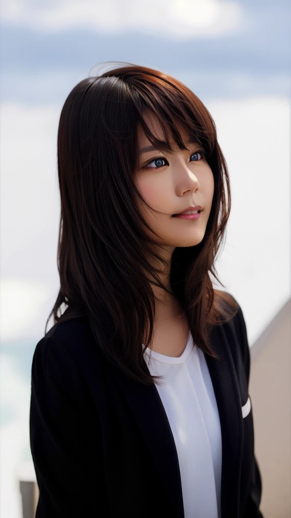 Brune, brune asiatique, belle femme, les main dans les cheveux, regarde vers le ciel les yeux fermer 