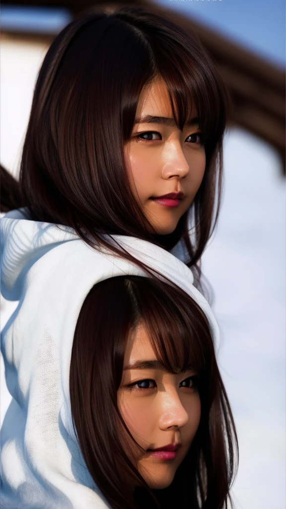 Brune, brune asiatique, belle femme, les main dans les cheveux, regarde vers le ciel les yeux fermer