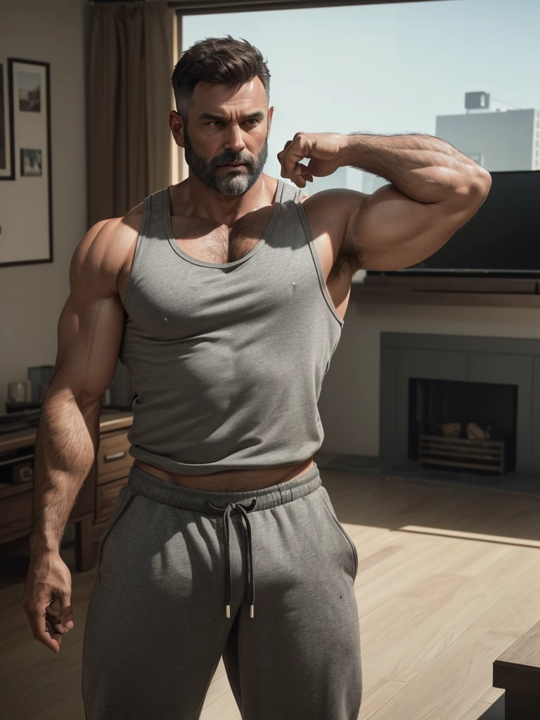 The sheriff has a brown beard, brown short haircut, wears grey sweatpants and white tank top. muscular body, in living room (best quality,4K,8K,highres,​masterpiece:1.2),Ultra-detail,(realisti,photorealisti,photo-realisti:1.37),  Film compositions,depth of field,Professional 3D rendering