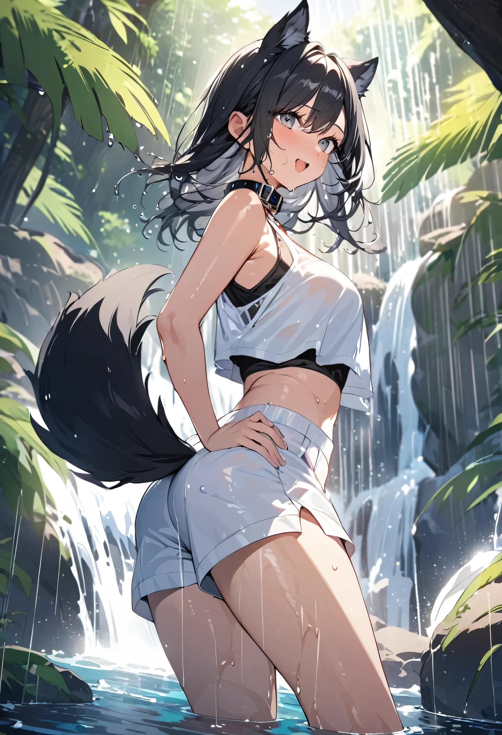 cute dog girl, nsfw, (((showering in a waterfall))), (((big oversized white shorts))), (((white crop top))) (happy expression, hand on hip), (((grey eyes))), (((focal point))), ((close-up full body shot)), ((dynamic angle)), (long black hair, wet and shiny), (((dripping wet body))), (dog ears), (dog tail), (dog collar), ((detailed water droplets, sunlight filtering through trees)), ((dynamic and beautiful lighting)), BREAK, masterpiece, UHD, detailed and high quality, serene atmosphere, vibrant colors, flowing water, detailed background, joyful mood, intricate details, natural beauty