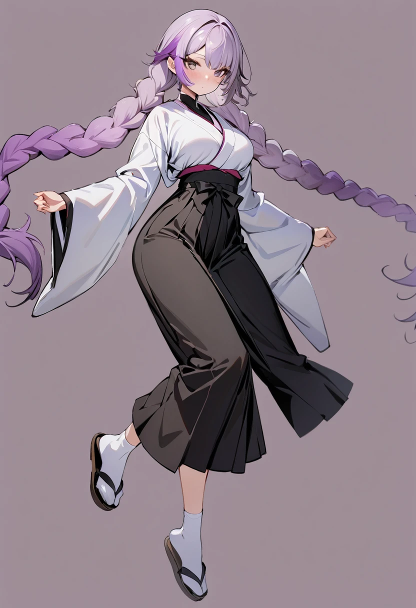 (masterpiece, best quality:1.2), 1girl, solo, purple-white gradient hair tips, purple hair, long twin braids, fullbody, wearing white kimono top, long black hakama skirt, tabi socks, dark maroon eyes, solid background