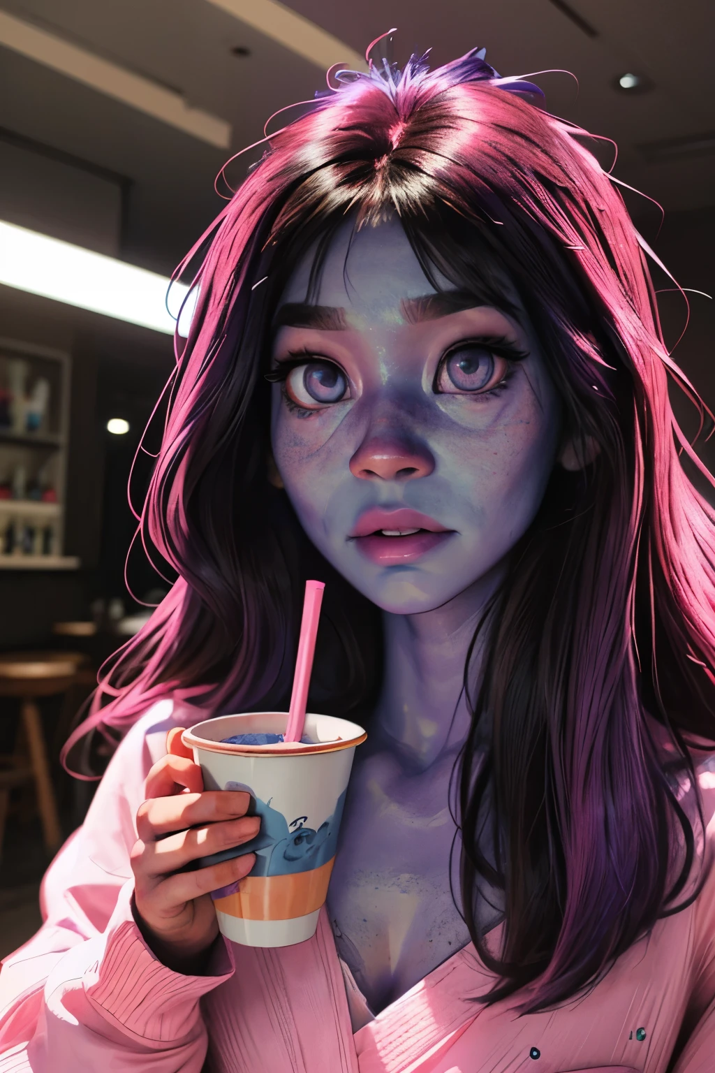 Portrait. Cute anime (zombie girl) with (dark purple straight hair), freckles, (((blue skin))), (((pink eyes))), pink nose. With a cofee cup.