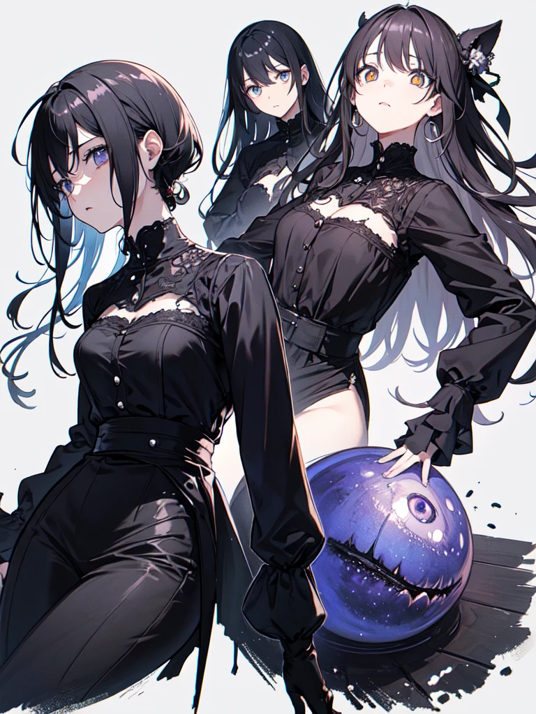 sketch (Character design sheet, same characters, whole body, Three-View, front, ~ ~ ~ ~ side, return),(Very bright:1.1), White Background, [1 Girl:7], (Tilt your head:1.2), ([sketch|watercolor \(Moderate\)]:1.15),Chaotic Abstractionな背景, Vector Trace, グラデーションブレンディング and whole body, Artistic elements add depth to the work. The overall atmosphere is creepy and nightmarish...., With a unique artistic touch. This movie is、The dark and crazy world of horror movies depicted in HD., Evoke visual stimuli and aesthetic sense, that will terrify and excite the audience....,watercolor画, （Lightless, Eyes without highlights, evil eye, An ugly person with white eyes, that&#39;Red eyeliner）,whole body絵, Wearing a maid outfit （Gradient braided hair, (Light purple hair), (Ink blotches:1.1), (pale:1.2),(Light purple:1.2),(Light green:1.2)　Adult features,expensive, Wearing black tights,Green Eyes, The skin is hidden　and maid, The background is a dark and desolate landscape, Horror movie atmosphere. Her figure is very beautiful, Emphasizing the dark and crazy elements. Skillfully expressing the effects of light and shadow, detailed, The face and expression of the black costume are also carefully drawn....,sketch (Character design sheet, same characters, whole body, Three-View, front, ~ ~ ~ ~ side, return) 1 female, Nervous,Cowboy Shot,,(Very bright:1.1), White Background, [1 Girl:7], (Tilt your head:1.2), ([sketch|watercolor \(Moderate\)]:1.15),Chaotic Abstraction