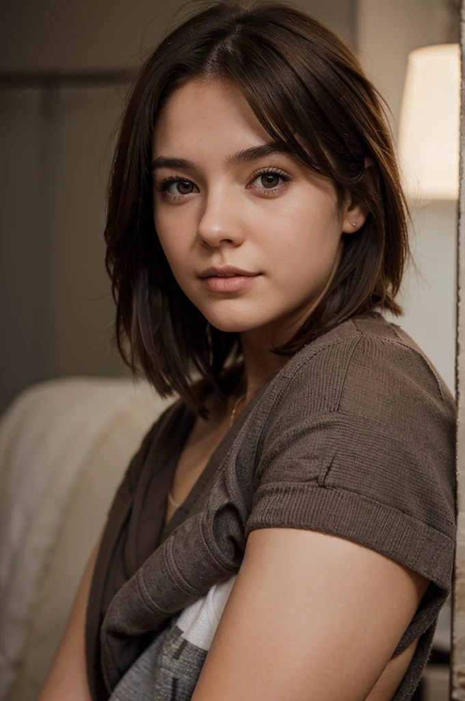 1 girl, con un culote, 21 years old, Brown hair , Short hair reaching shoulders, Gray eyes