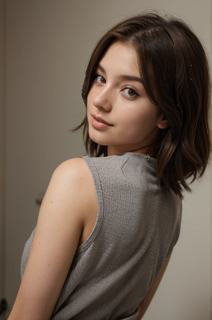 1 girl, con un culote, 21 years old, Brown hair , Short hair reaching shoulders, Gray eyes