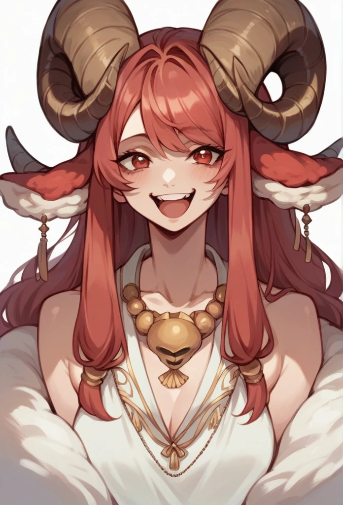 body shame happy, using goric masks or accessories woman. Red sheep mask. Boku no hero anime style. Big horn