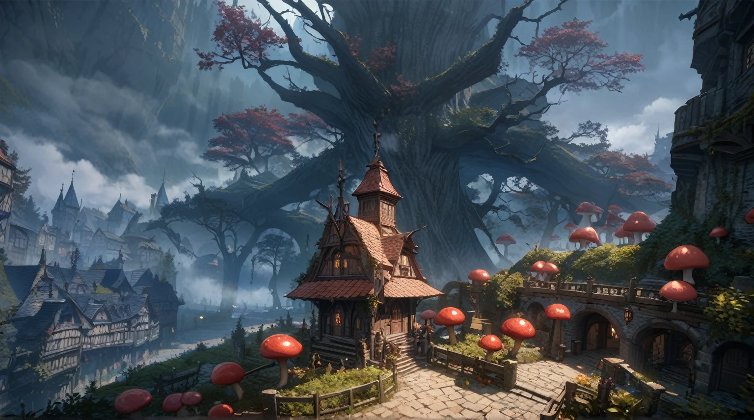 anime aestetics, anime scenery, halig tree, view from gigantic tree, dark red leaves, view from the huge branch, red mashrooms, foggy weather, daytime, eldenring, dark fantasy, buildings on the tree, fantasy buildings, medieval architecture, the ancient tree, wide shot, atmospheric perspective, perspective, 4K, 8k, highres, best quality, award winning, super detail, masterpiece