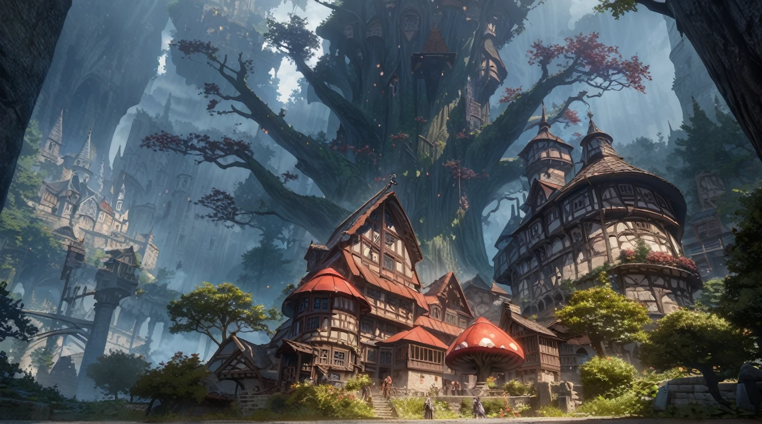  anime aestetics, anime scenery, halig tree, view from gigantic tree, dark red leaves, view from the huge branch, red mashrooms, foggy weather, daytime, eldenring, dark fantasy, buildings on the tree, fantasy buildings, medieval architecture, the ancient tree, wide shot, atmospheric perspective, perspective, 4K, 8k, highres, best quality, award winning, super detail, masterpiece