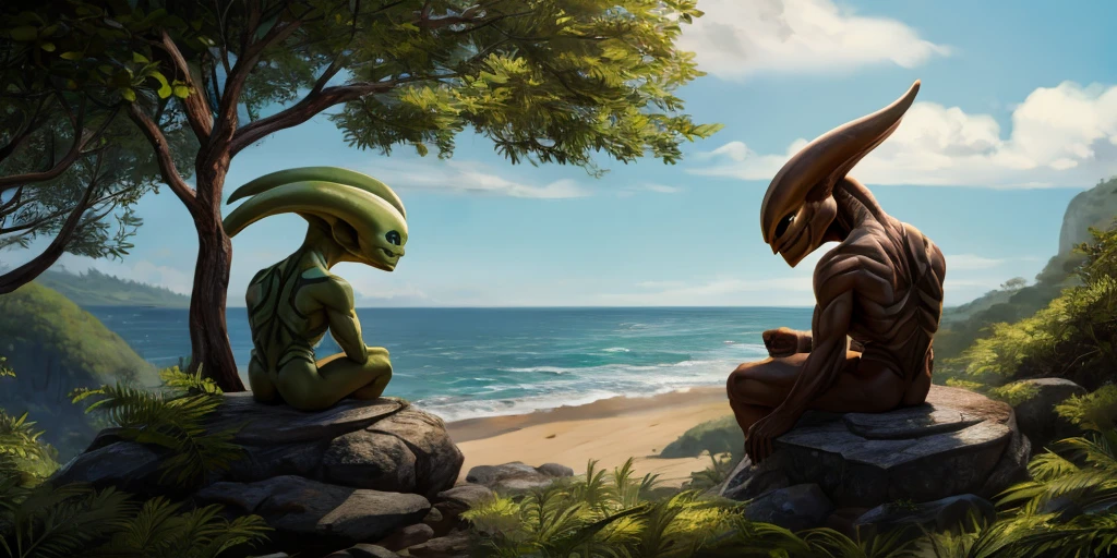 2 Aliens sitting on a rock on the coast in a clearing in the Atlantic Forest looking at the sea